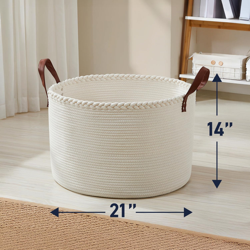 Organizix XL basket cream side view with leather handles for easy transport.