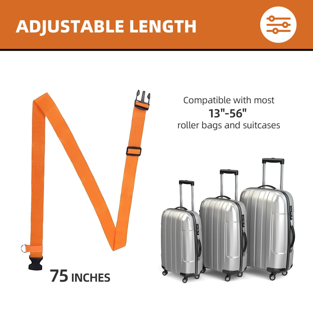 Orgthin luggage straps used in airport travel with rolling bags.