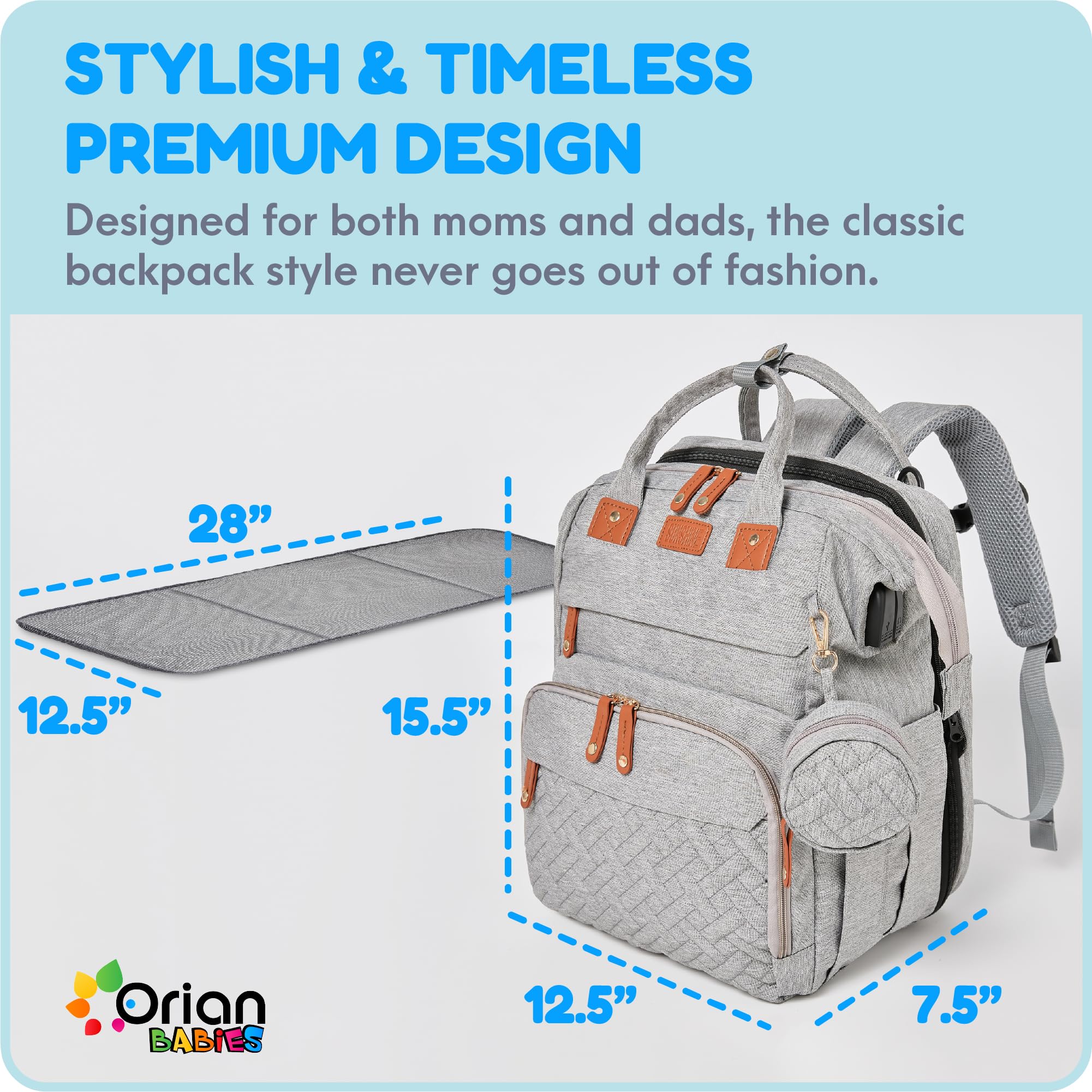 Orian diaper bag backpack side view showing versatile storage and stroller compatibility.