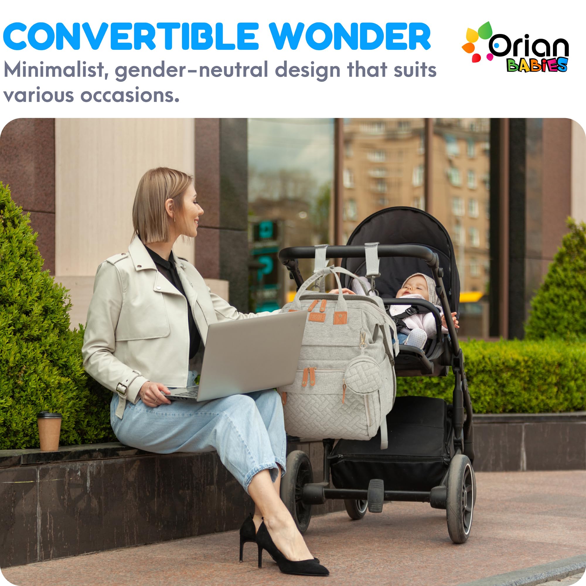 Orian diaper bag stroller attachment demonstrates hands-free mobility.