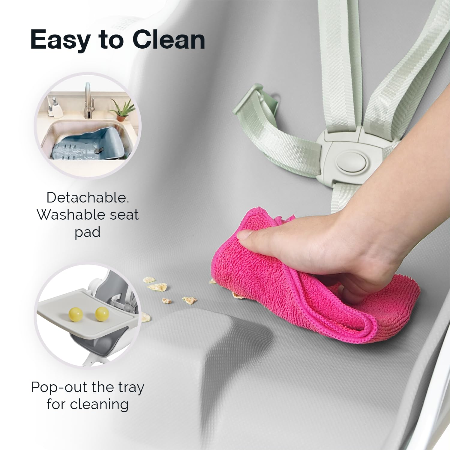 Oribel Cocoon Z eva seat pad cleans easily for quick crumbs removal.