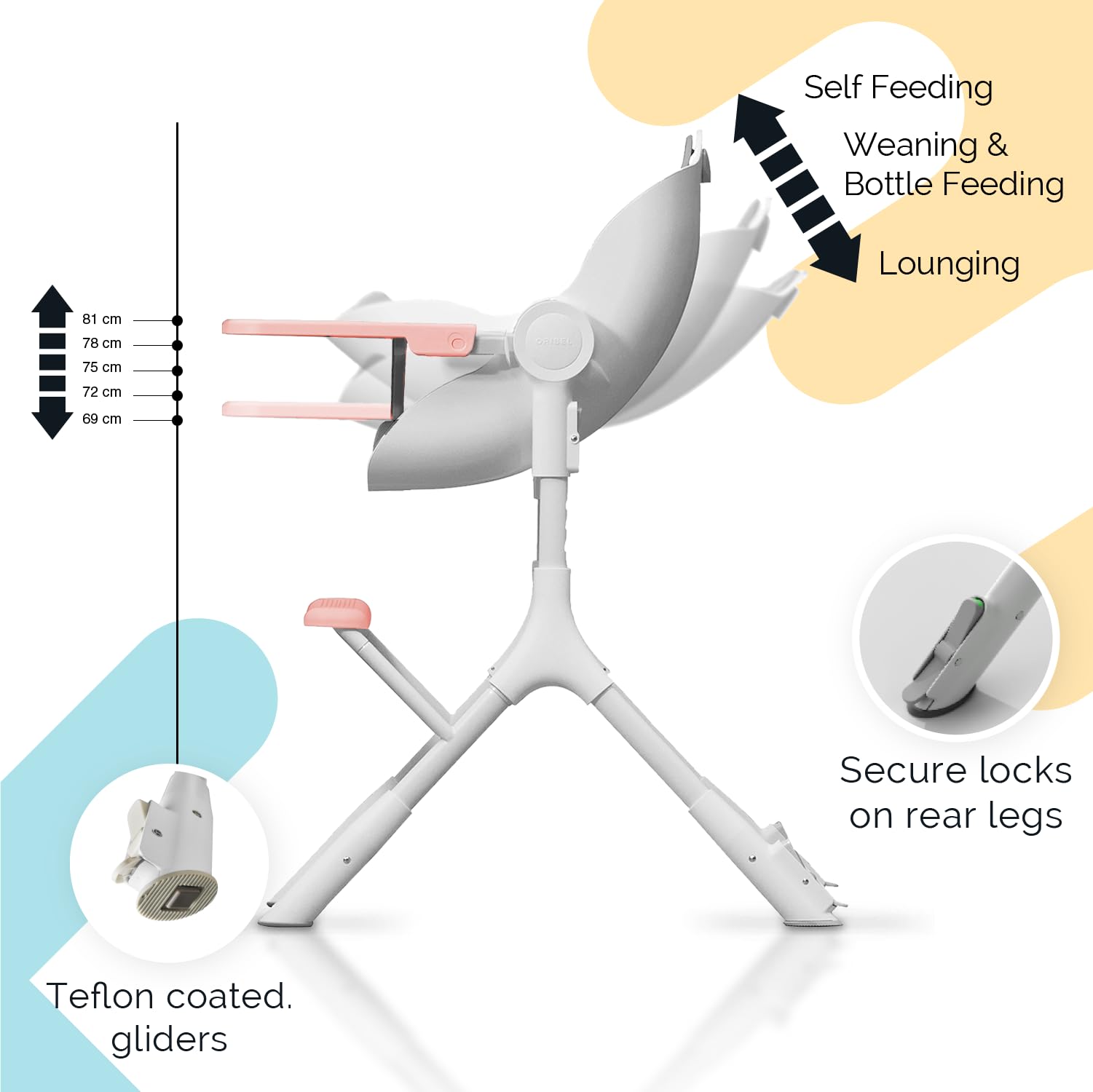 Oribel Cocoon Z high chair 360-degree maneuverability for flexible mealtime placement