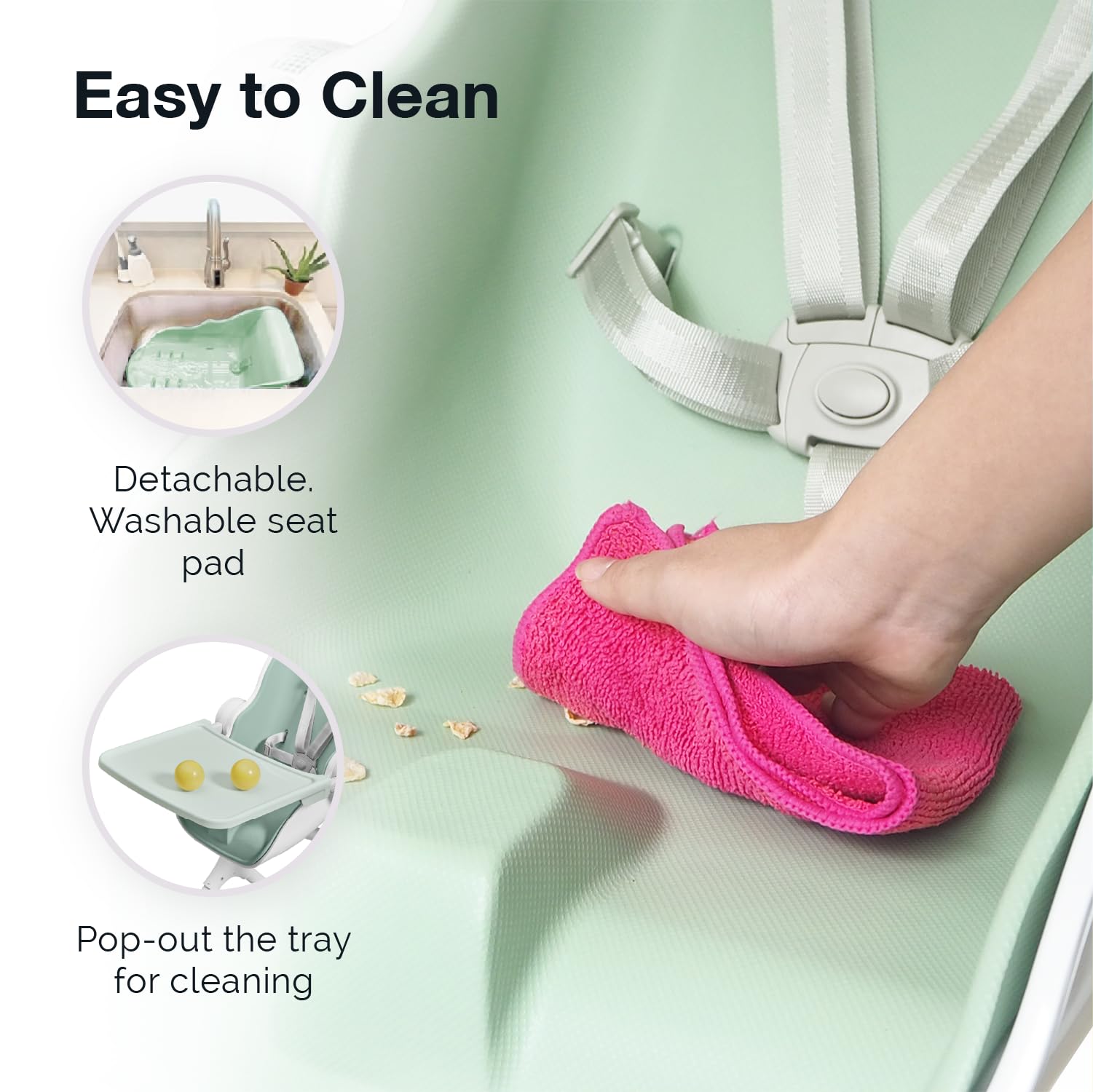 Oribel Cocoon Z high chair with dishwasher-safe tray for quick cleanups after feeding.