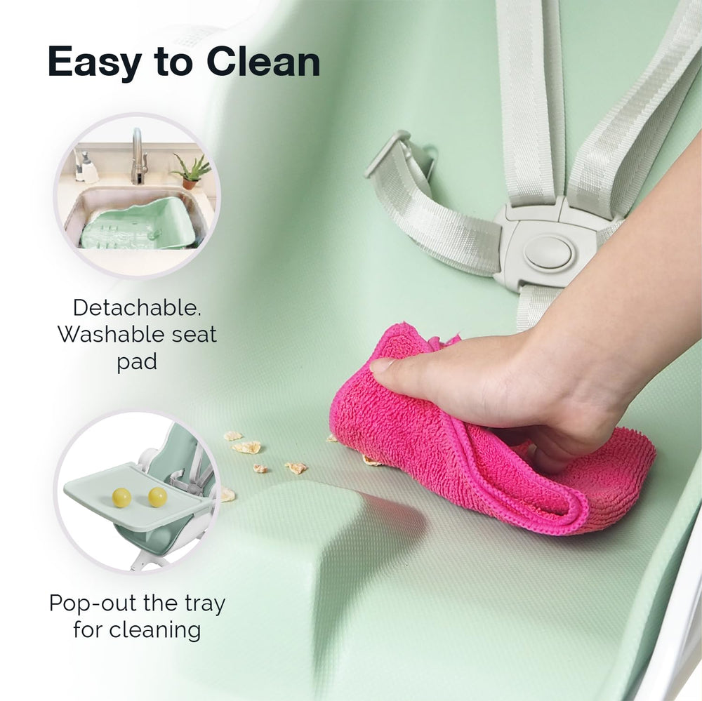 Oribel Cocoon Z high chair with dishwasher-safe tray for quick cleanups after feeding.
