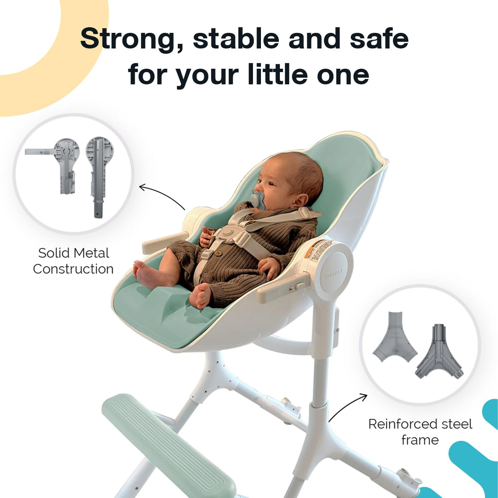 Oribel Cocoon Z high chair EVA seat pad shown for effortless wipe-downs.