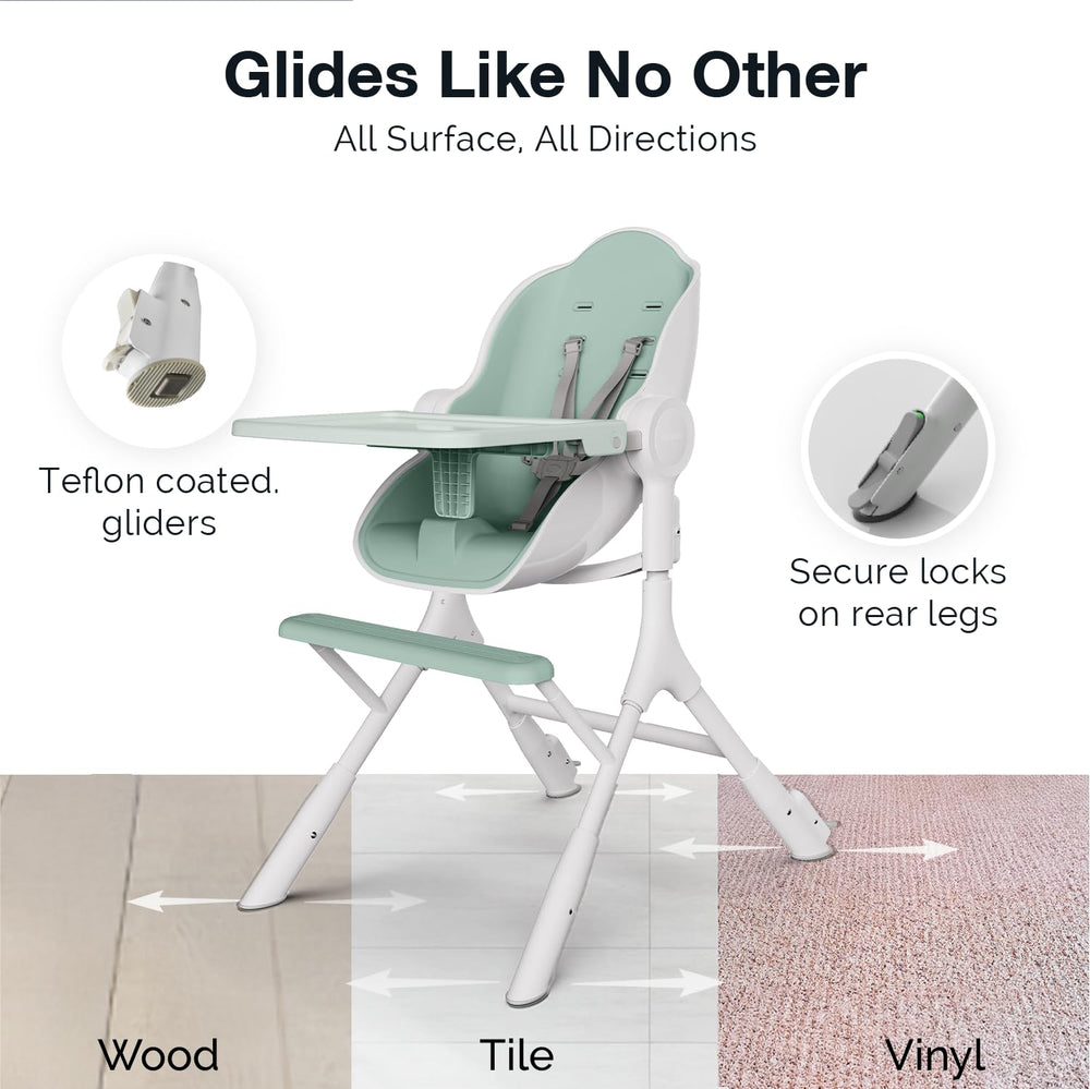 Oribel Cocoon Z high chair demonstrating secure locks for safe positioning during meals.
