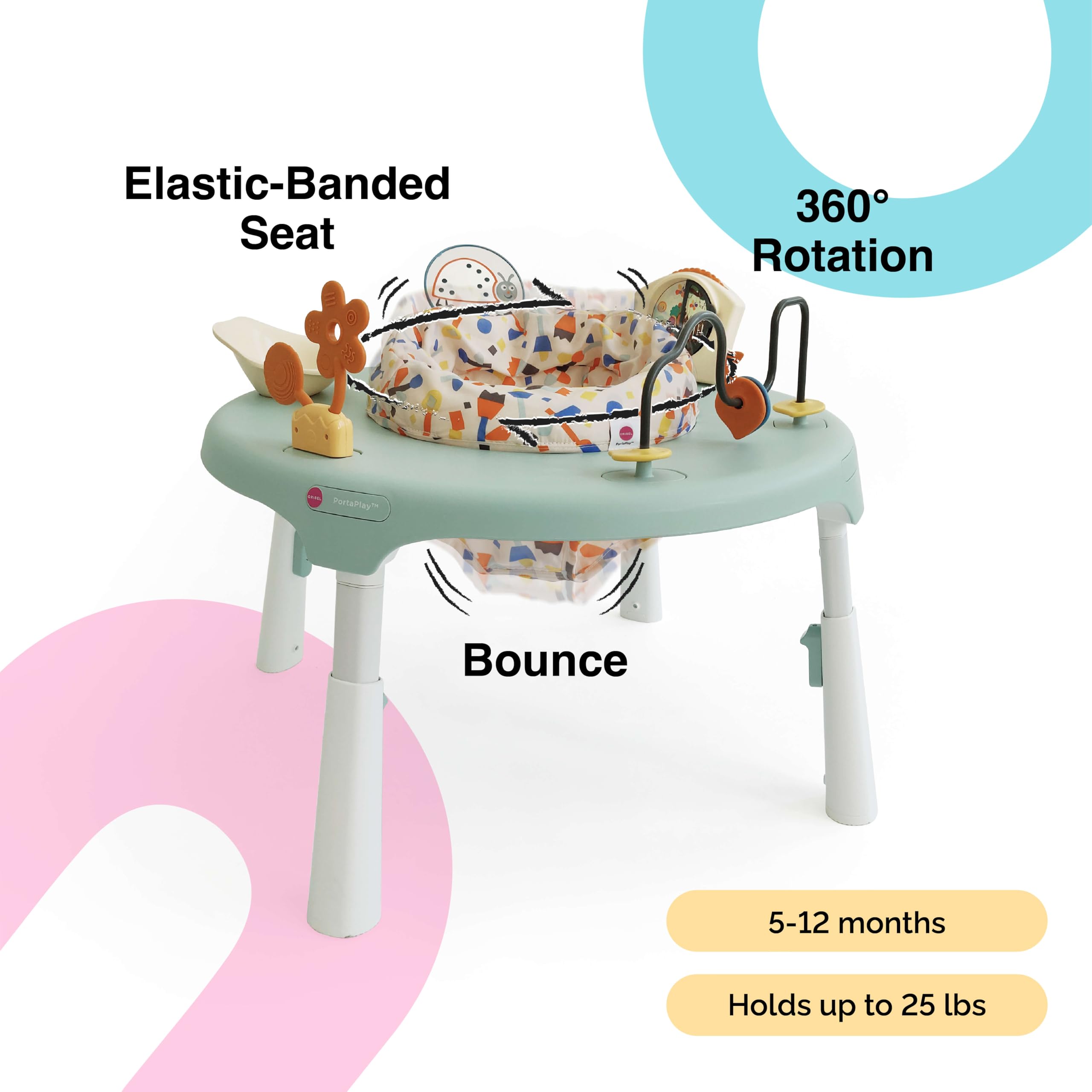 Oribel PortaPlay 360-degree bouncing seat promotes active movement and curious discovery