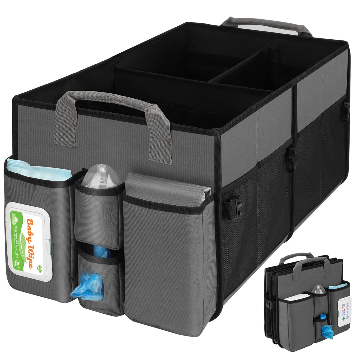 ORIENT FAMULAY collapsible trunk organizer front view with accessible compartments for road trips