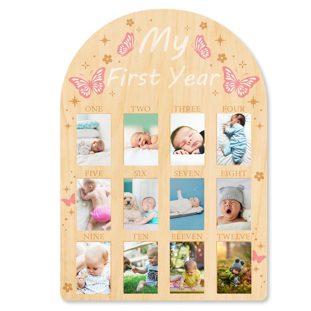 ORIGACH My First Year Growth Photo Display closeup, wooden frame with pink butterfly accents for nursery decor.