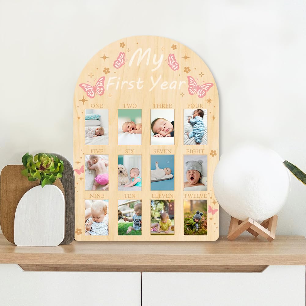 ORIGACH My First Year Growth Photo Display on a dresser as warm nursery decor.