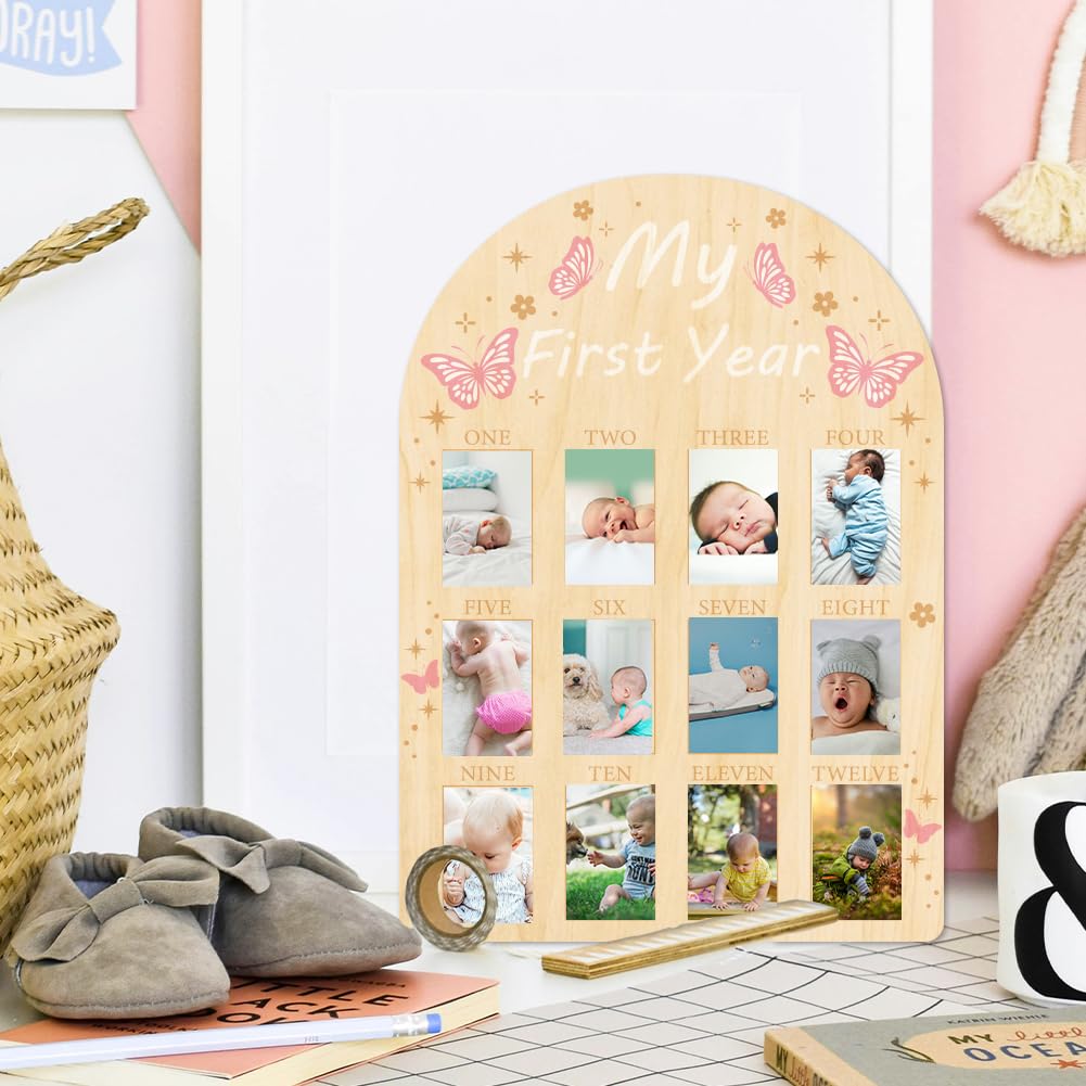 ORIGACH My First Year Growth Photo Display perched on a bookshelf for cozy home decor.