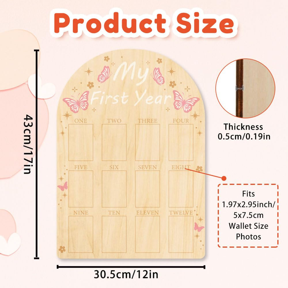 ORIGACH My First Year Growth Photo Display pink-butterfly-design highlights milestones in a baby’s nursery keepsake.