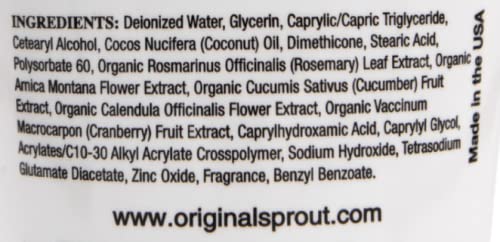 Original Sprout Scrumptious Baby Cream after-bath use on caregiver's hands and baby's skin.