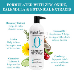 Original Sprout Scrumptious Baby Cream bottle closeup communicates zinc and calendula benefits