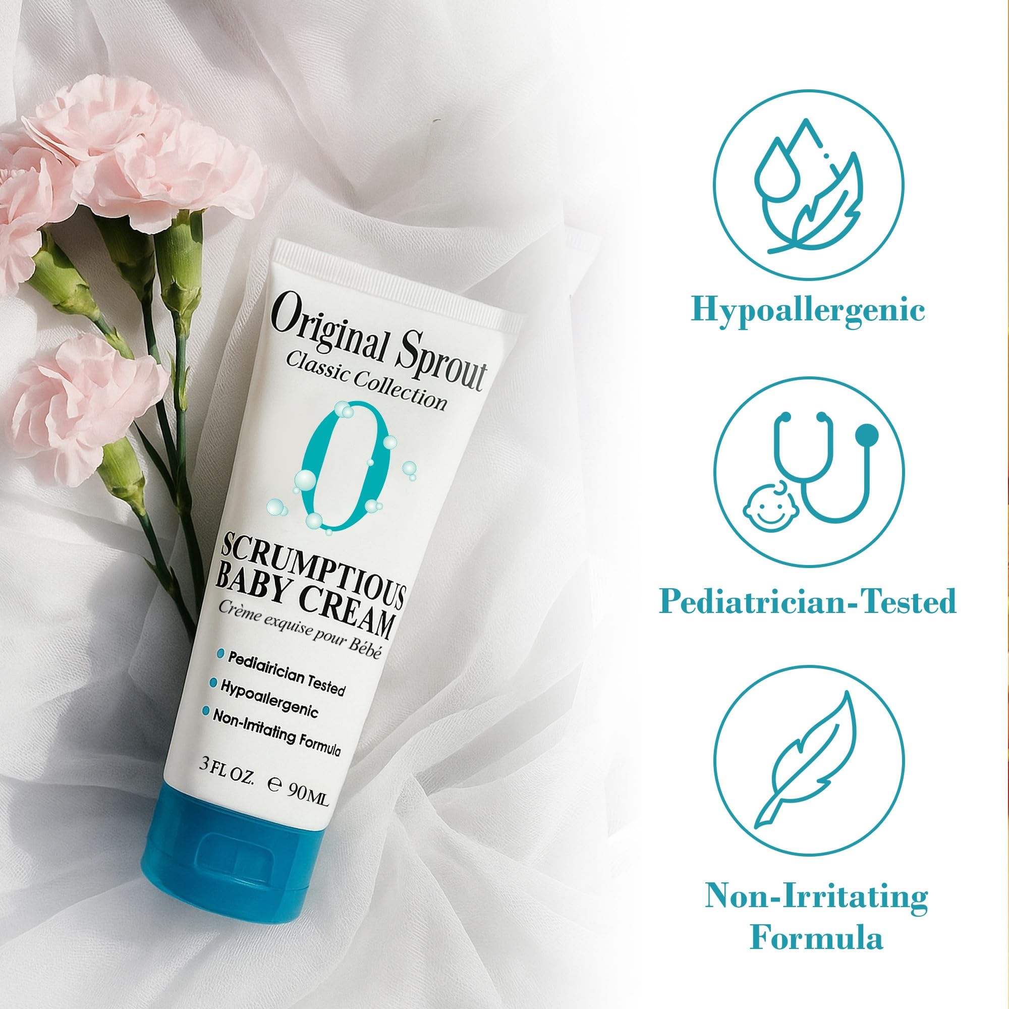 Original Sprout Scrumptious Baby Cream ingredient panel highlights zinc oxide calendula soothing.