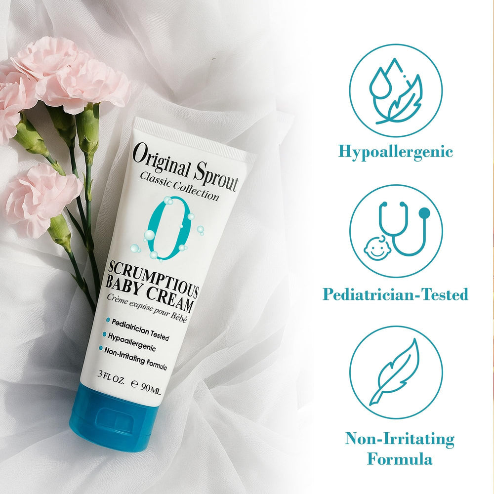 Original Sprout Scrumptious Baby Cream ingredient panel highlights zinc oxide calendula soothing.