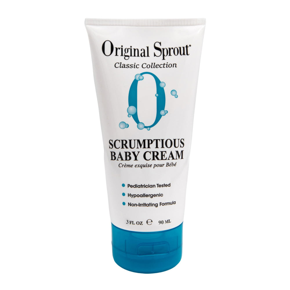 Original Sprout Scrumptious Baby Cream packaging close-up highlighting gentle, non-greasy formula for sensitive skin.