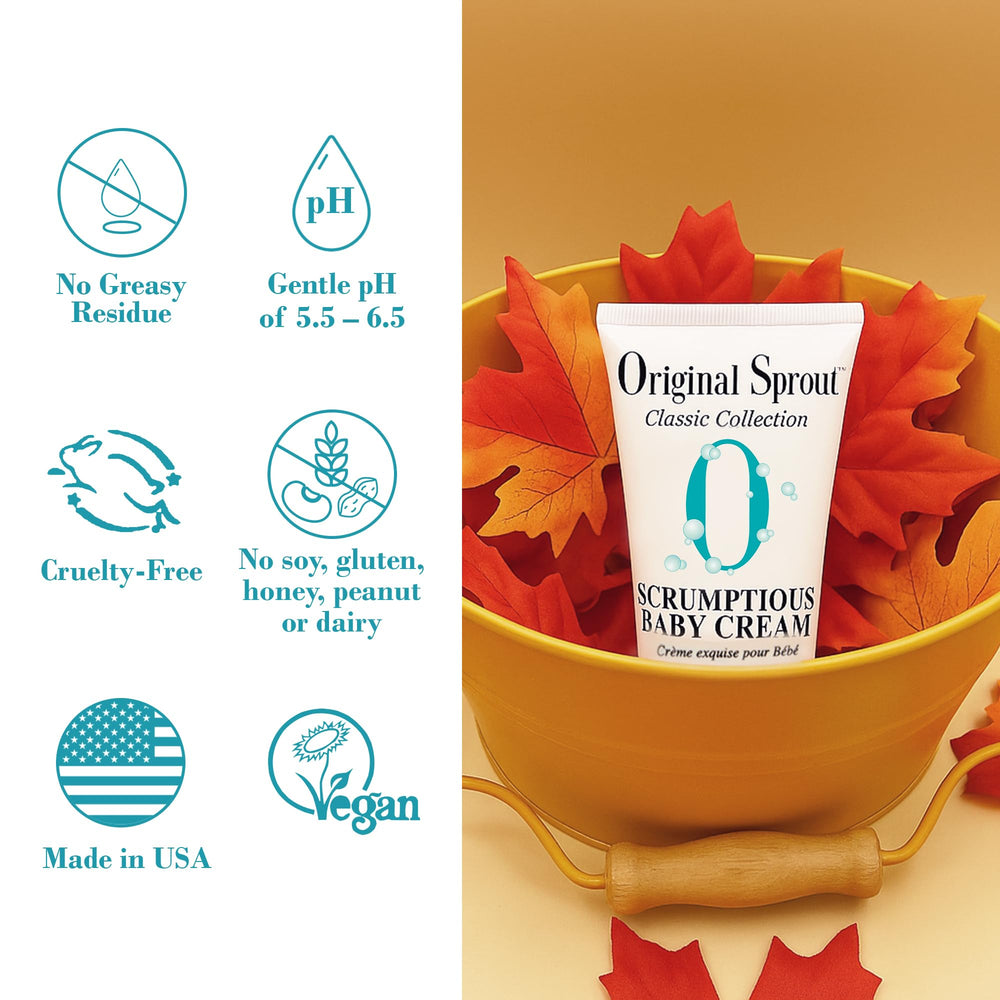 Original Sprout Scrumptious Baby Cream pump dispense demonstrates easy travel application.