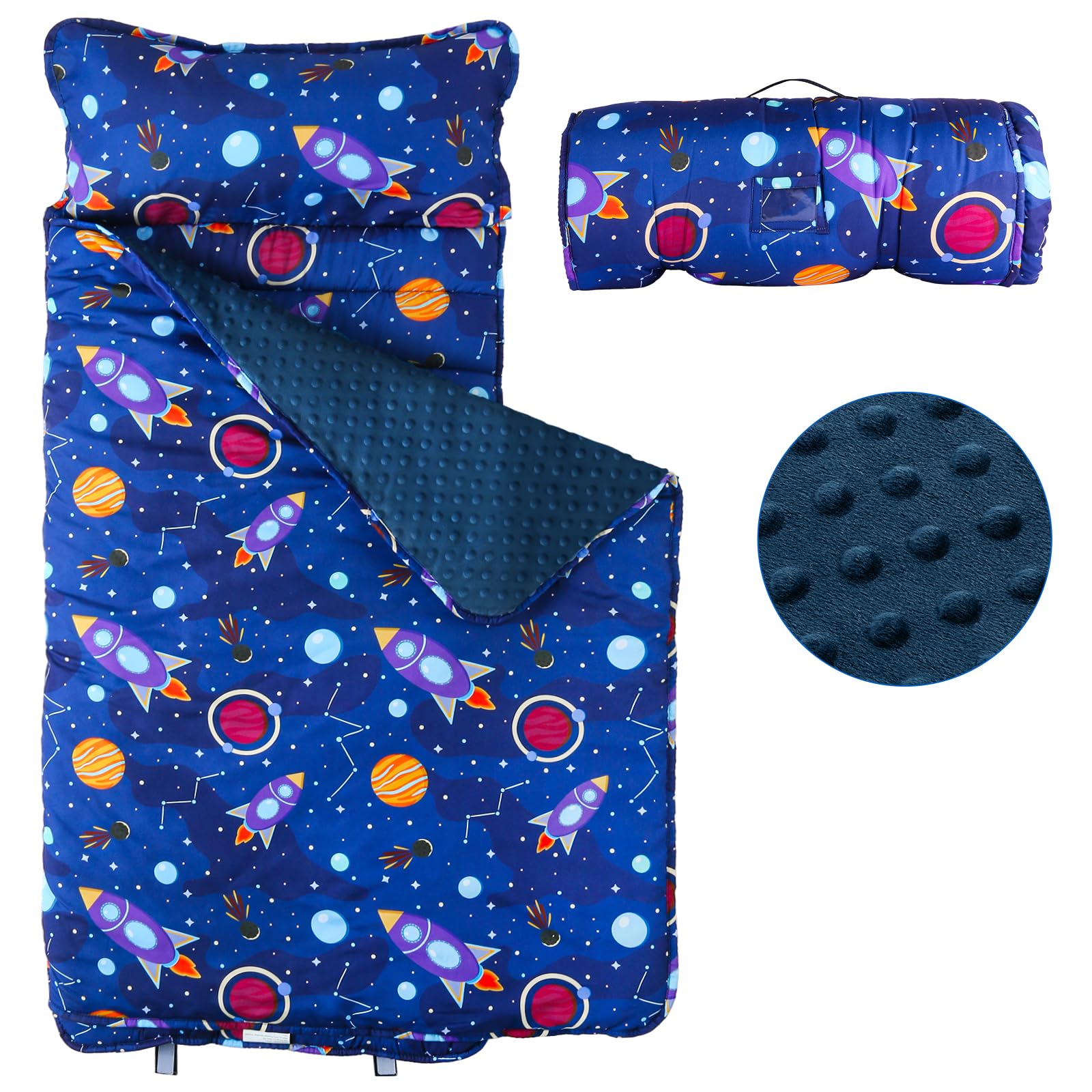 Orrhomi toddler nap mat removable pillow highlights convenience for quick cleaning and travel.