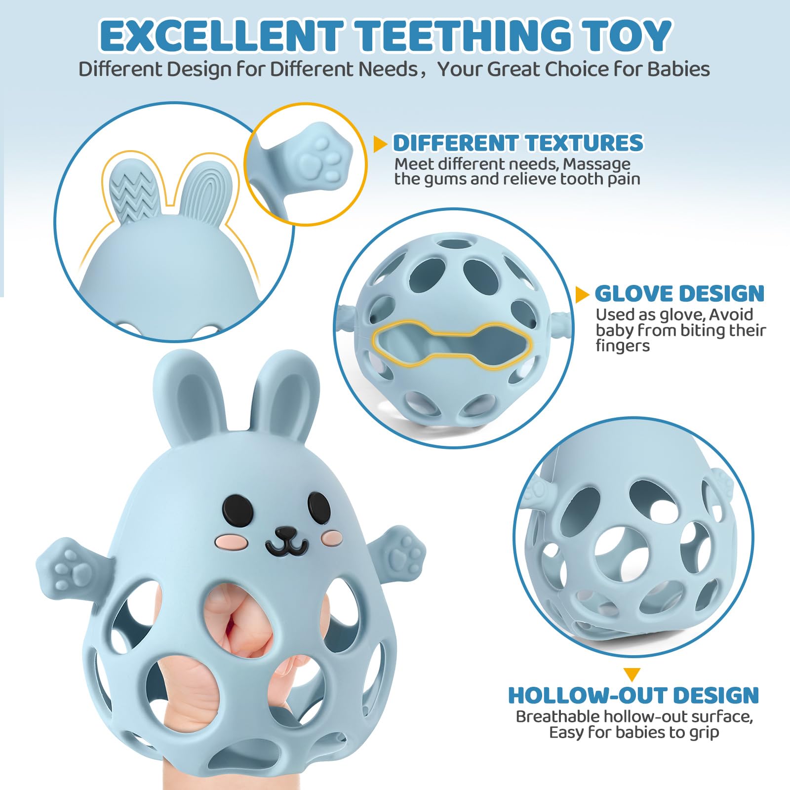 Orzbow 2-in-1 teether-rattle blue demonstrates dual-use for teething and engagement.