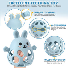Orzbow 2-in-1 teether-rattle blue demonstrates dual-use for teething and engagement.