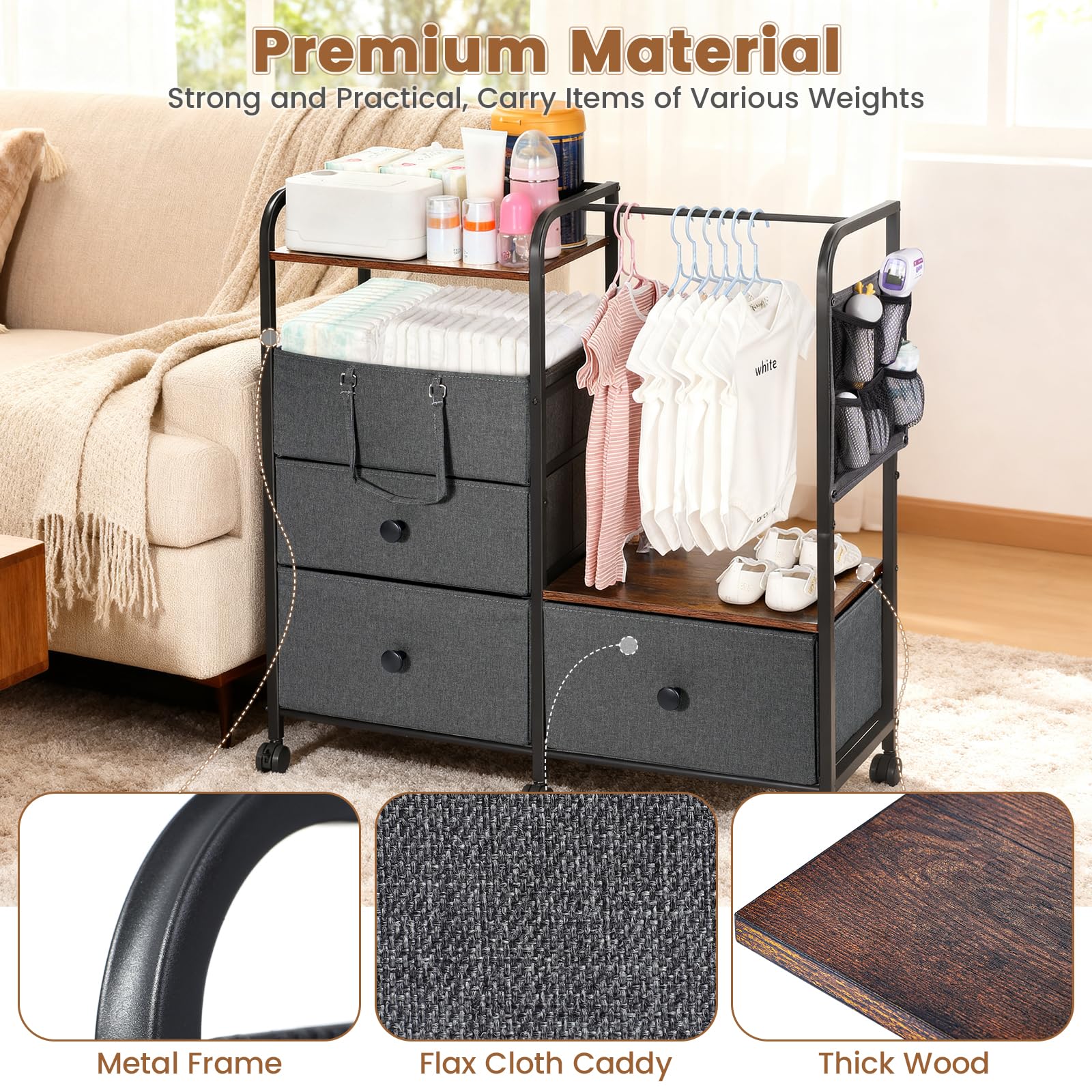 Orzbow adjustable layout with drawers and clothing rod grows with baby needs