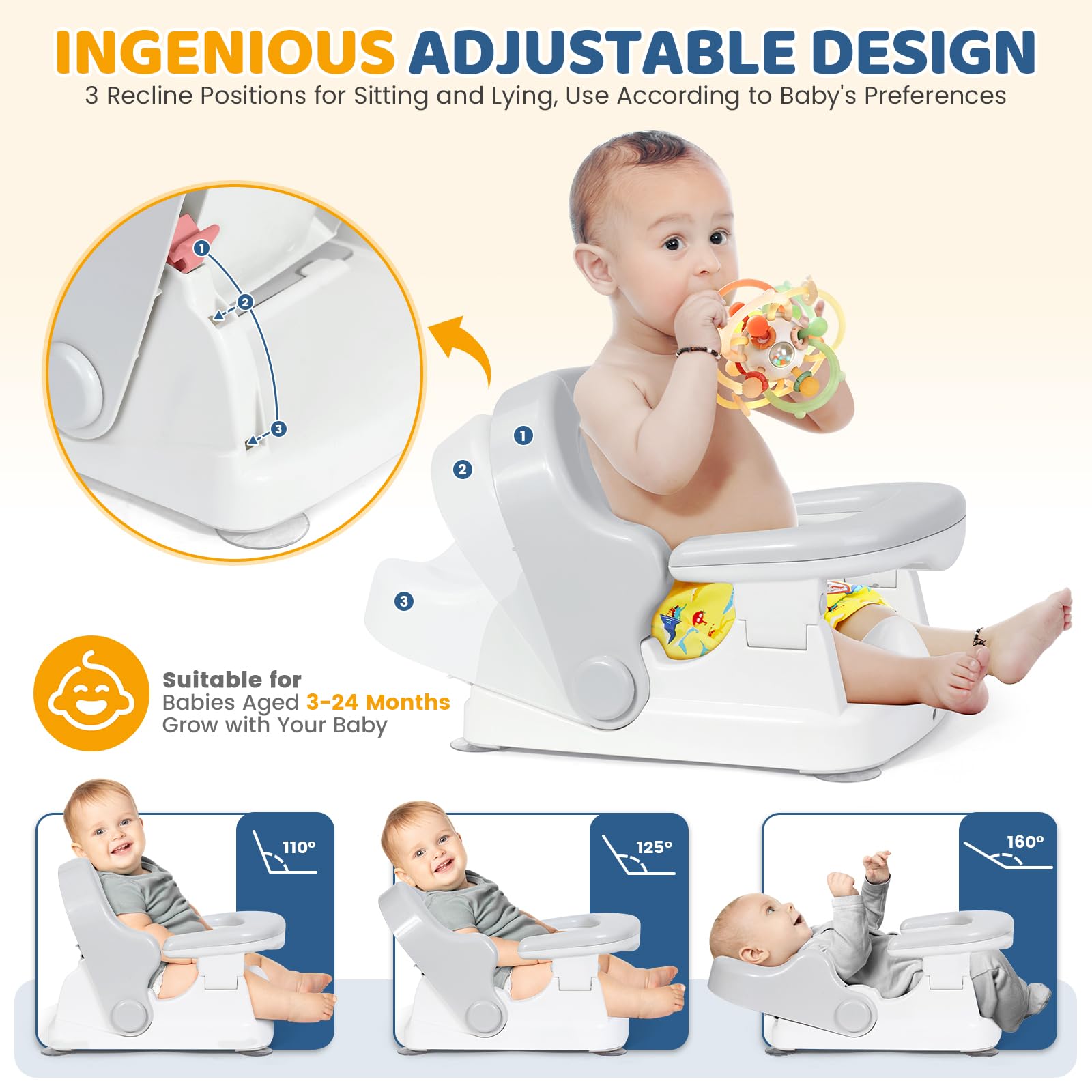 Orzbow Baby Bath Seat with strong suction cups keeps the seat securely attached.