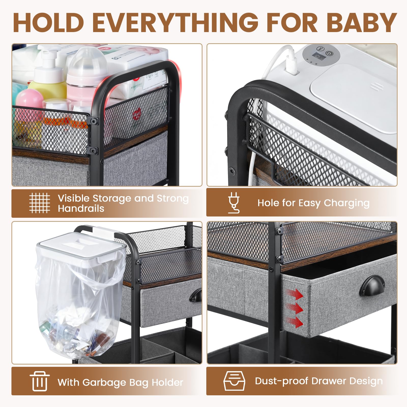 Orzbow Baby Caddy Cart large open base holds bulky nursery items for easy storage.