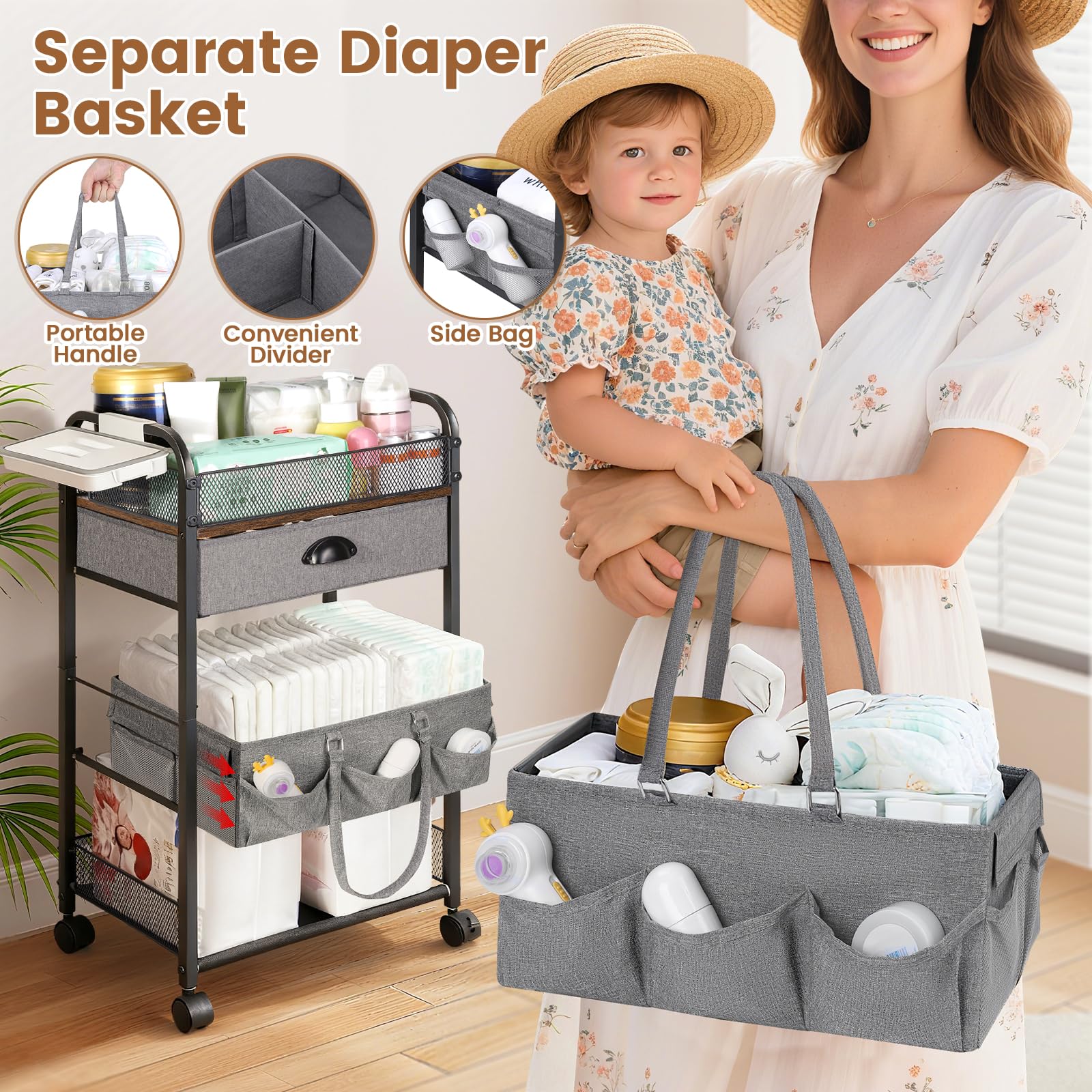 Orzbow Baby Caddy Cart removable drawer keeps clothes and diapers tidy and accessible.