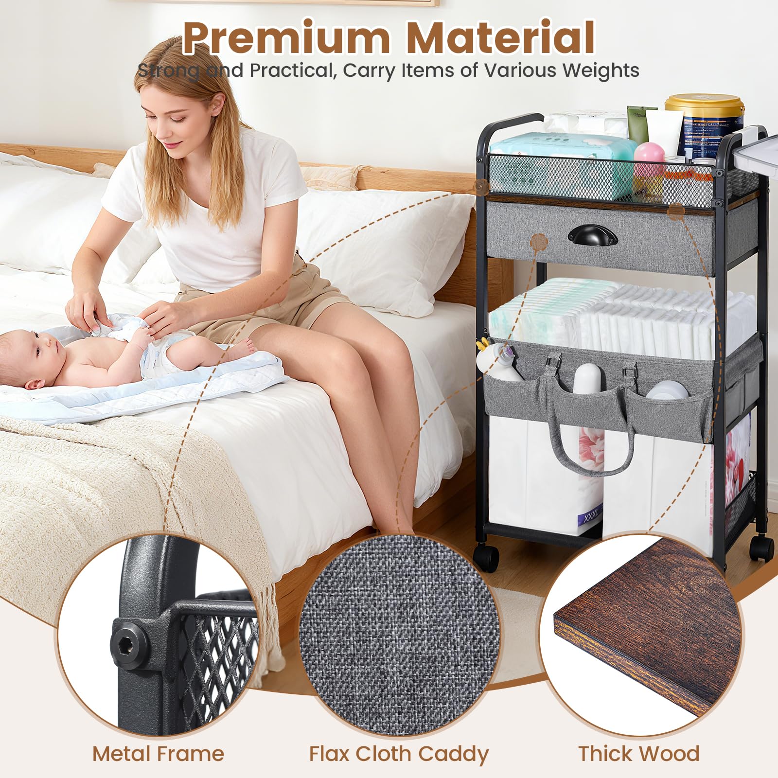 Orzbow Baby Caddy Cart side pockets store toys and small care items within reach.