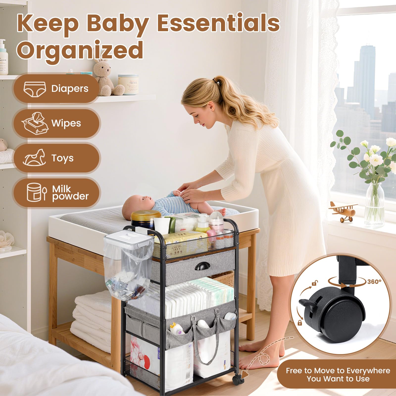 Orzbow Baby Caddy Cart trash bag holder helps tidy disposable waste efficiently.