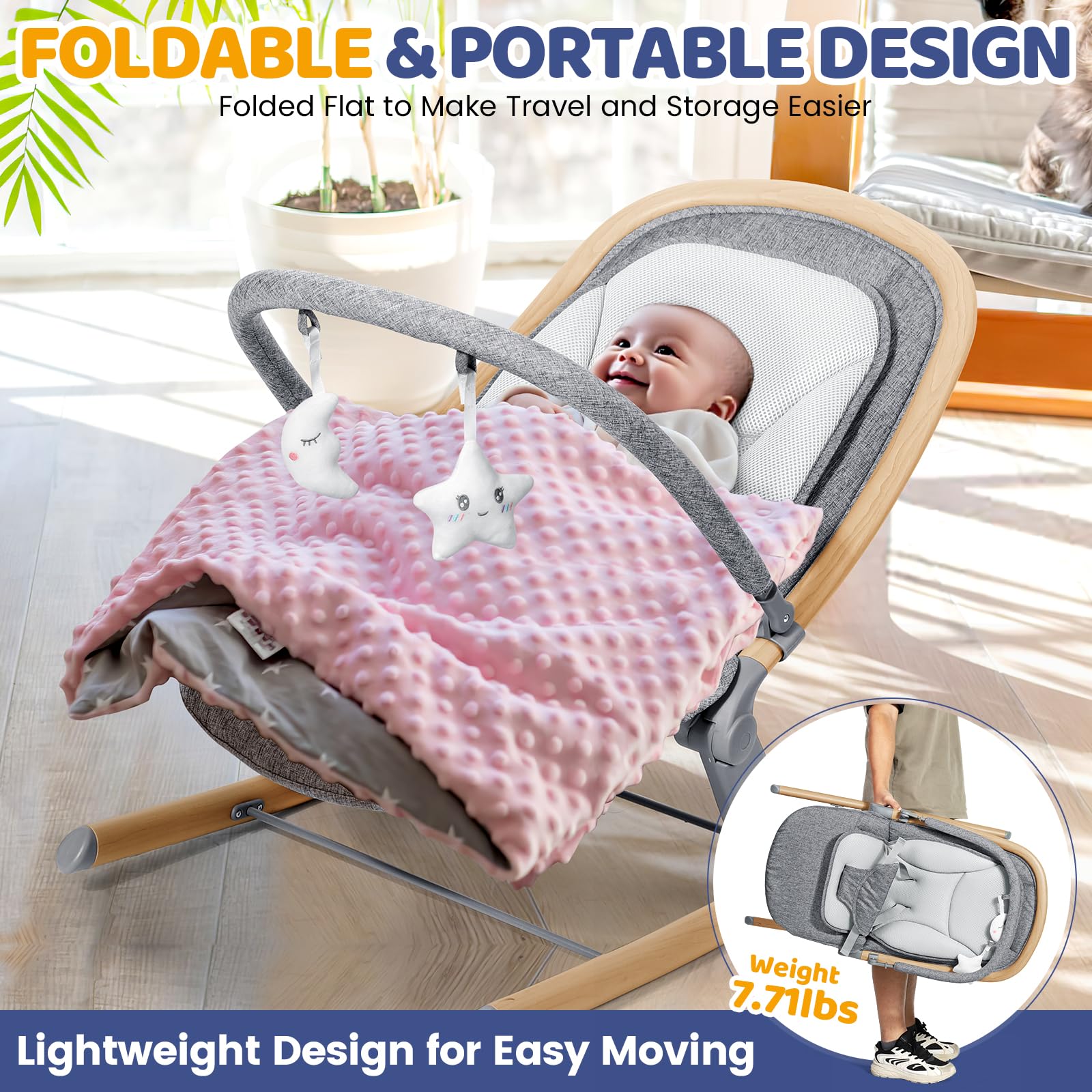 Orzbow baby rocker wood grain foldable frame enables compact storage and travel.