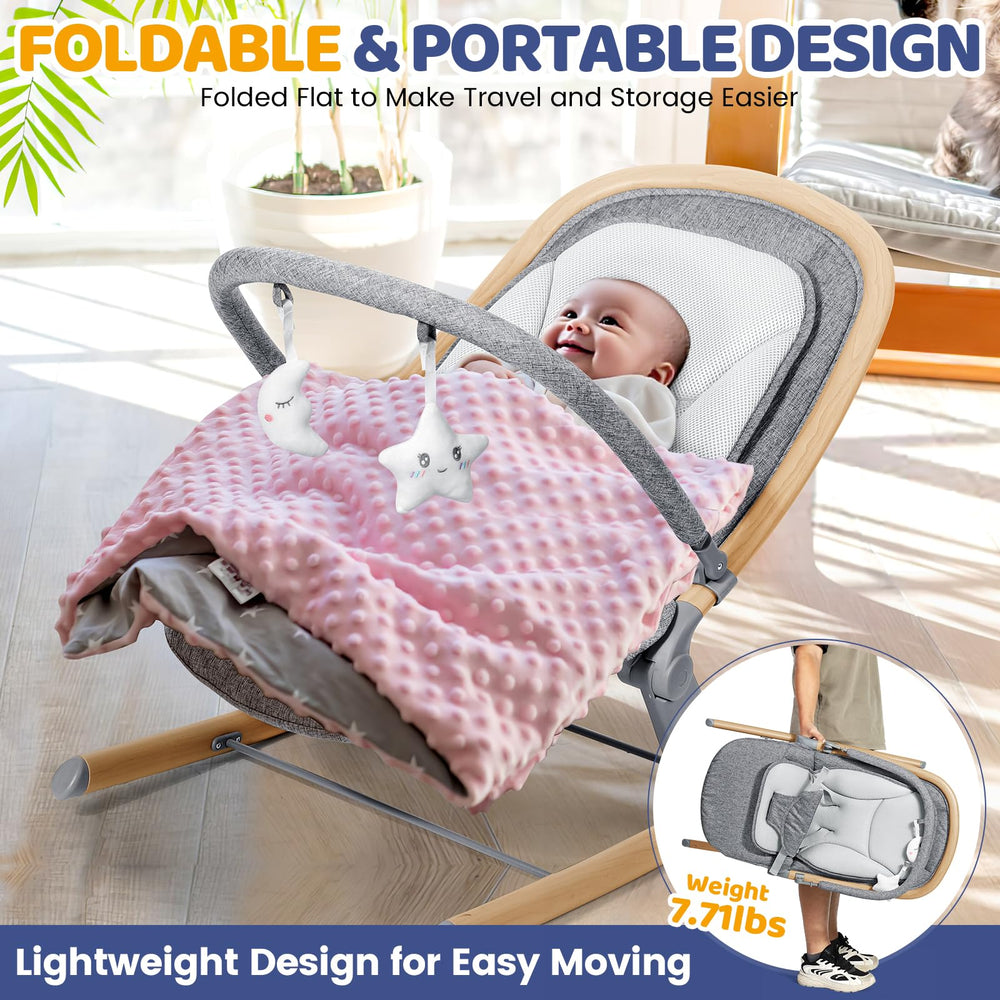 Orzbow baby rocker wood grain foldable frame enables compact storage and travel.