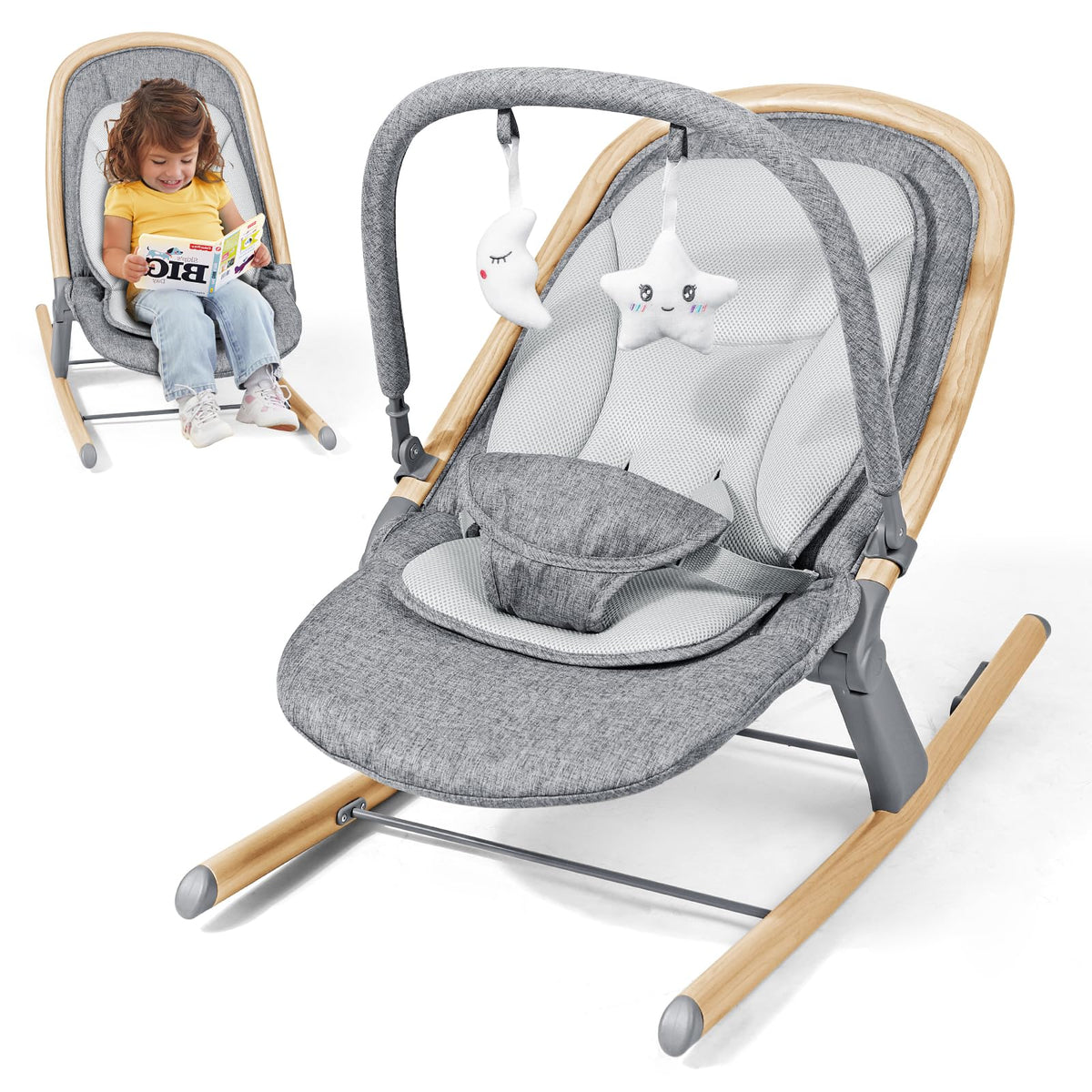 Orzbow baby rocker wood grain front view highlights a sturdy frame for soothing newborn comfort.