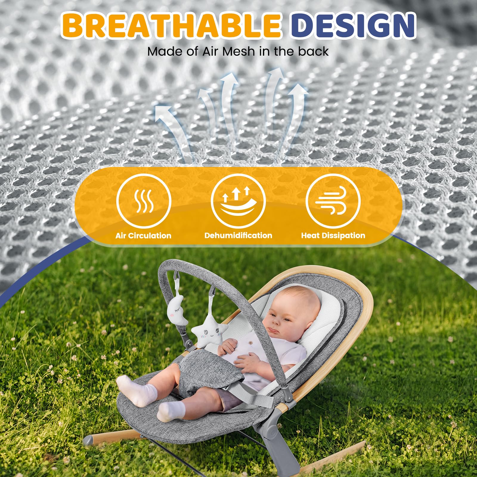 Orzbow baby rocker wood grain 3-point harness keeps baby secured during use.