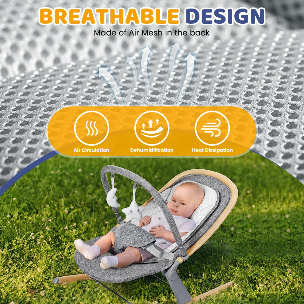 Orzbow baby rocker wood grain 3-point harness keeps baby secured during use.