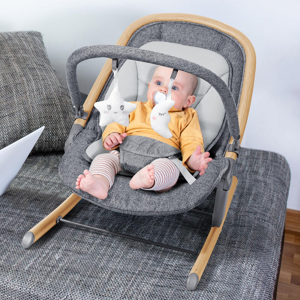 Orzbow baby rocker wood grain in-use scene conveys calm bonding and soothing routines.
