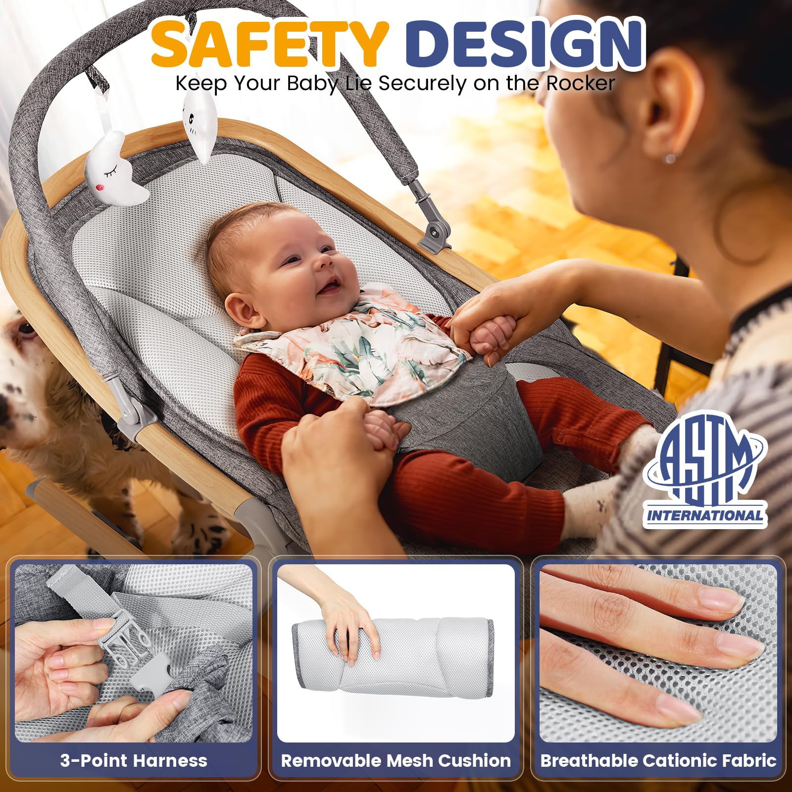 Orzbow baby rocker wood grain mesh cushion highlights breathable, easy-to-clean comfort.