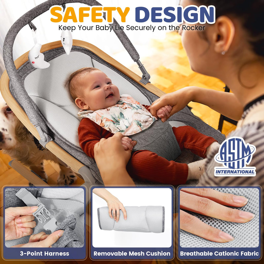 Orzbow baby rocker wood grain mesh cushion highlights breathable, easy-to-clean comfort.