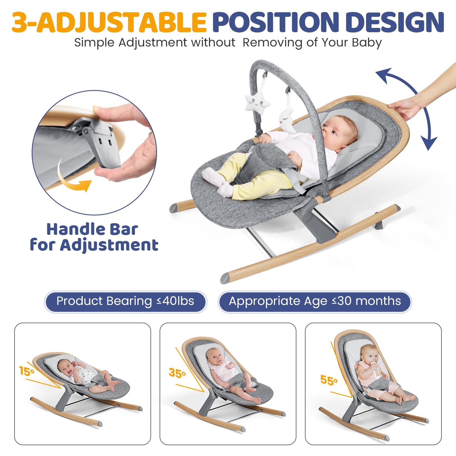 Orzbow baby rocker wood grain recline angles demonstrates 15°, 35°, and 55° soothing positions.