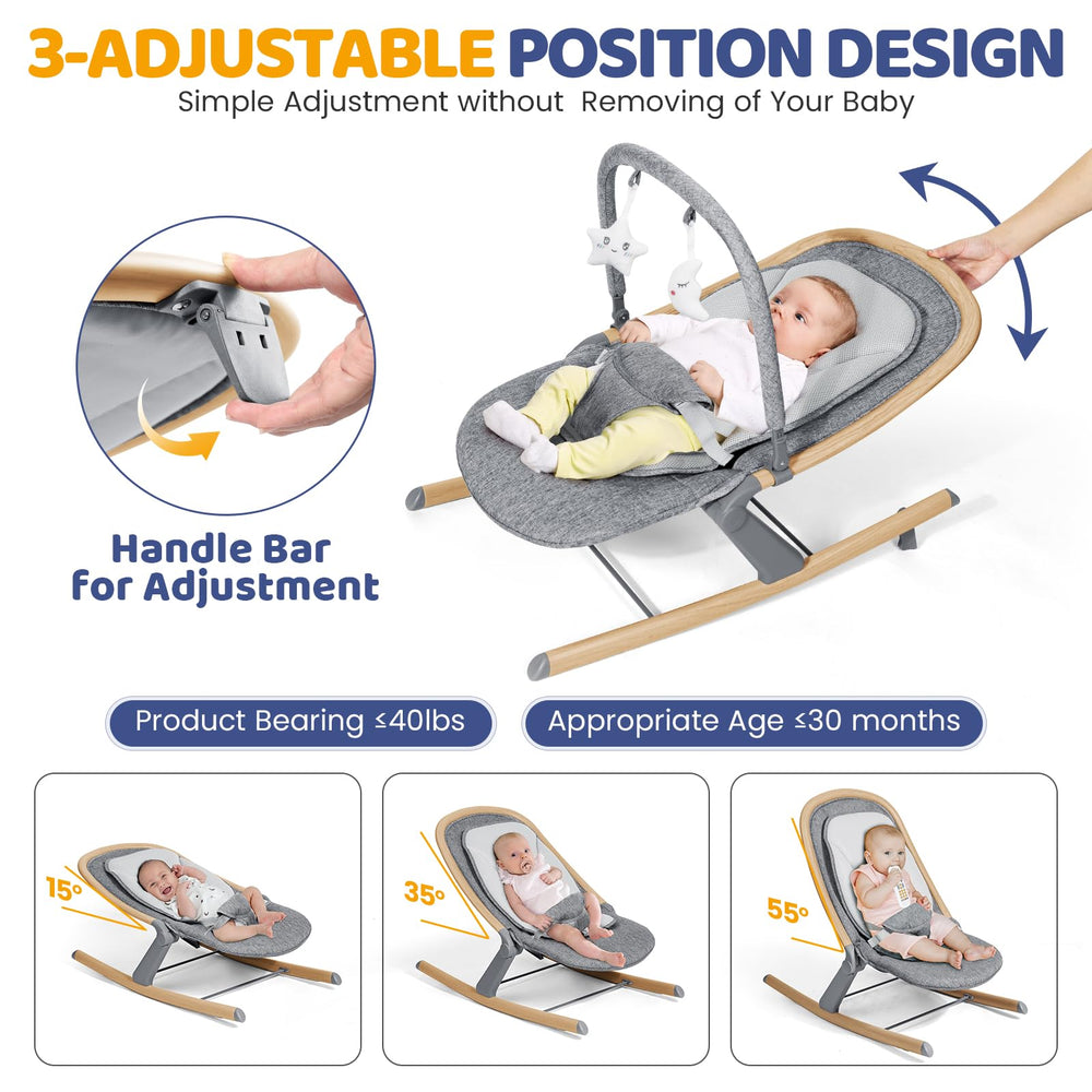 Orzbow baby rocker wood grain recline angles demonstrates 15°, 35°, and 55° soothing positions.