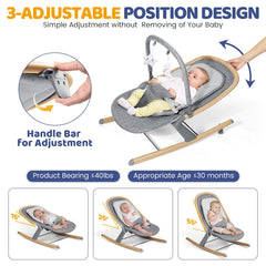 Orzbow baby rocker wood grain recline angles demonstrates 15°, 35°, and 55° soothing positions.