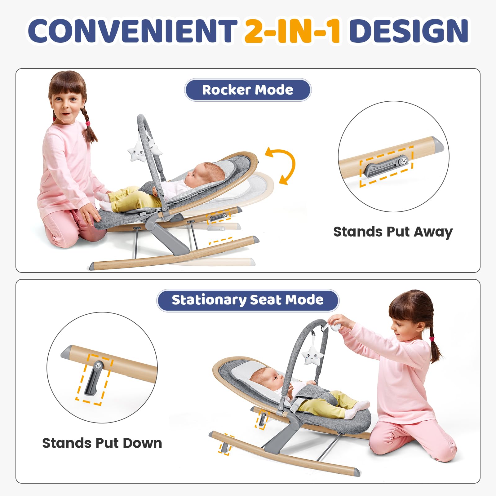 Orzbow baby rocker wood grain side view emphasizes compact footprint for small spaces.