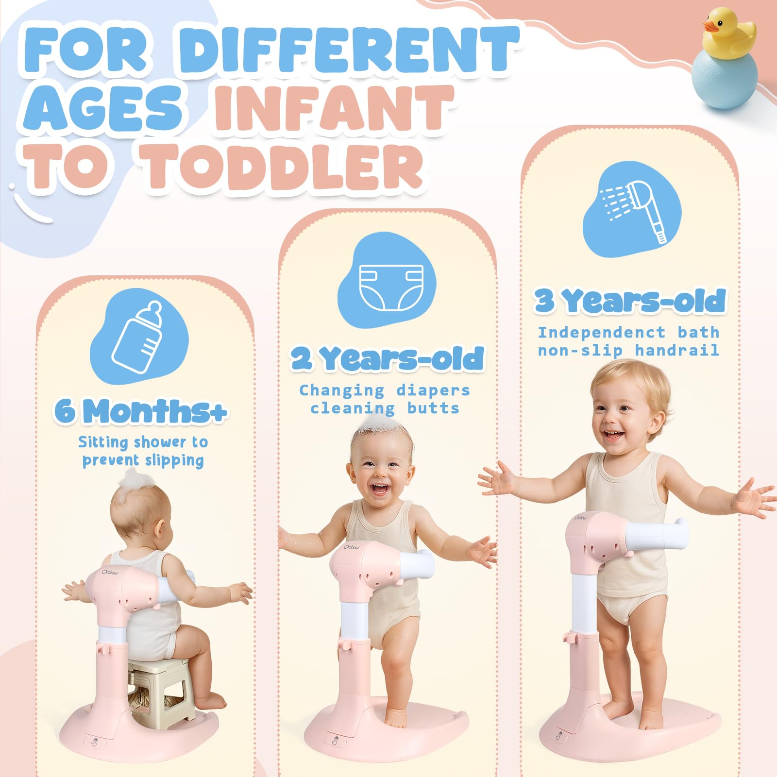 Orzbow baby shower stand in use during bath time for comfortable positioning