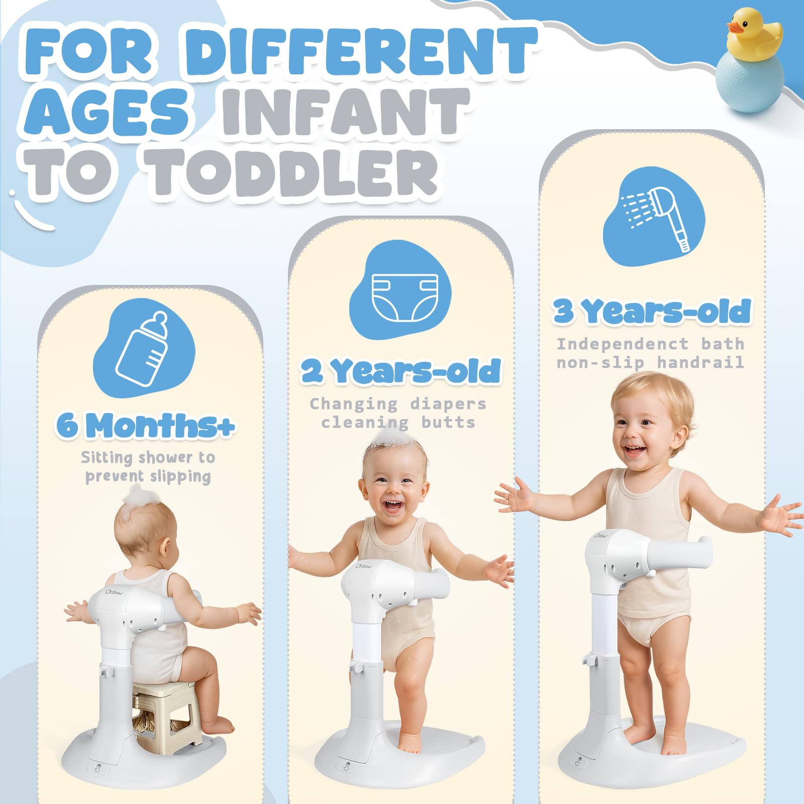 Orzbow baby shower stand in standing mode supporting baby posture