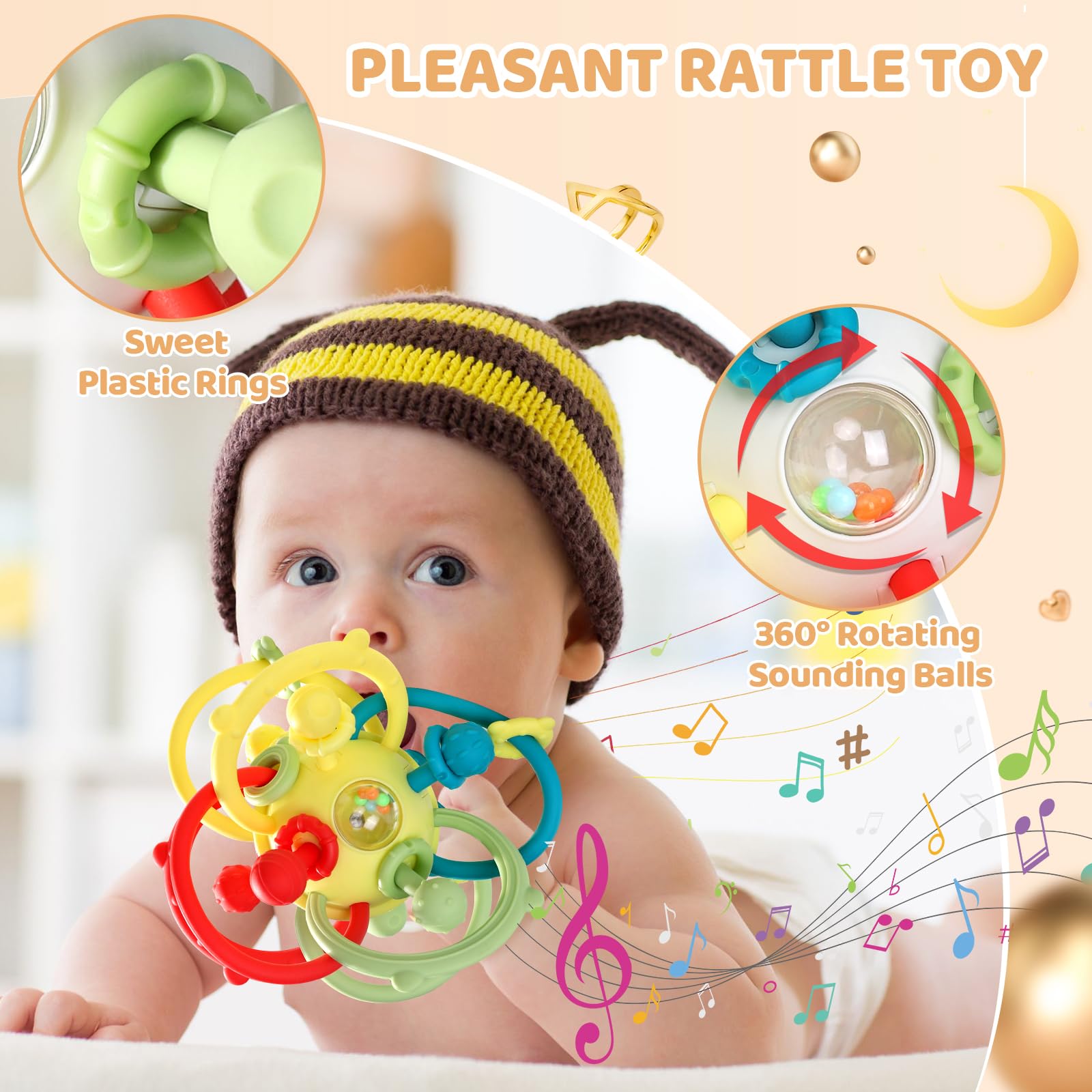 Orzbow baby teether close-up reveals colorful silicone balls for soothing gum massage.