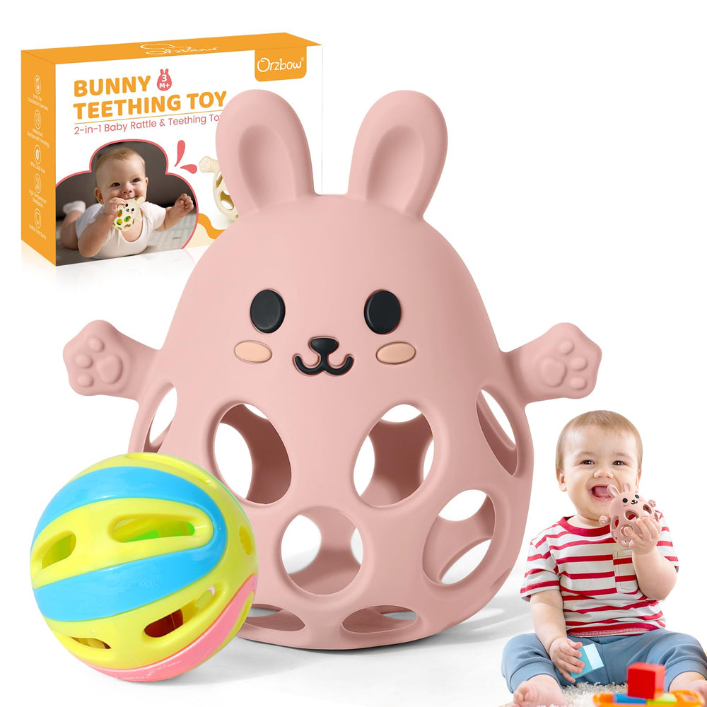 Orzbow pink teether-rattle; safe silicone soothes gums.