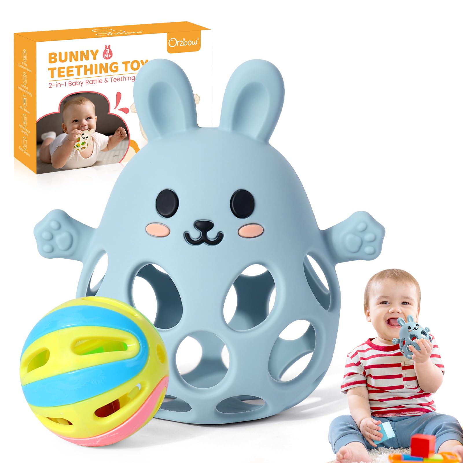 Orzbow baby teething mitten blue close-up shows textured surface for soothing gums during play.