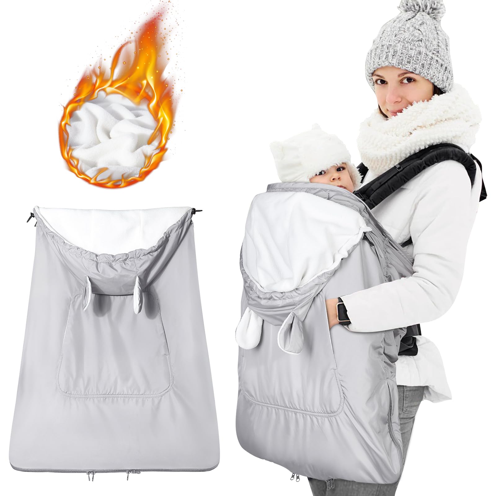 Orzbow baby winter carrier cover front view with warm fleece lining
