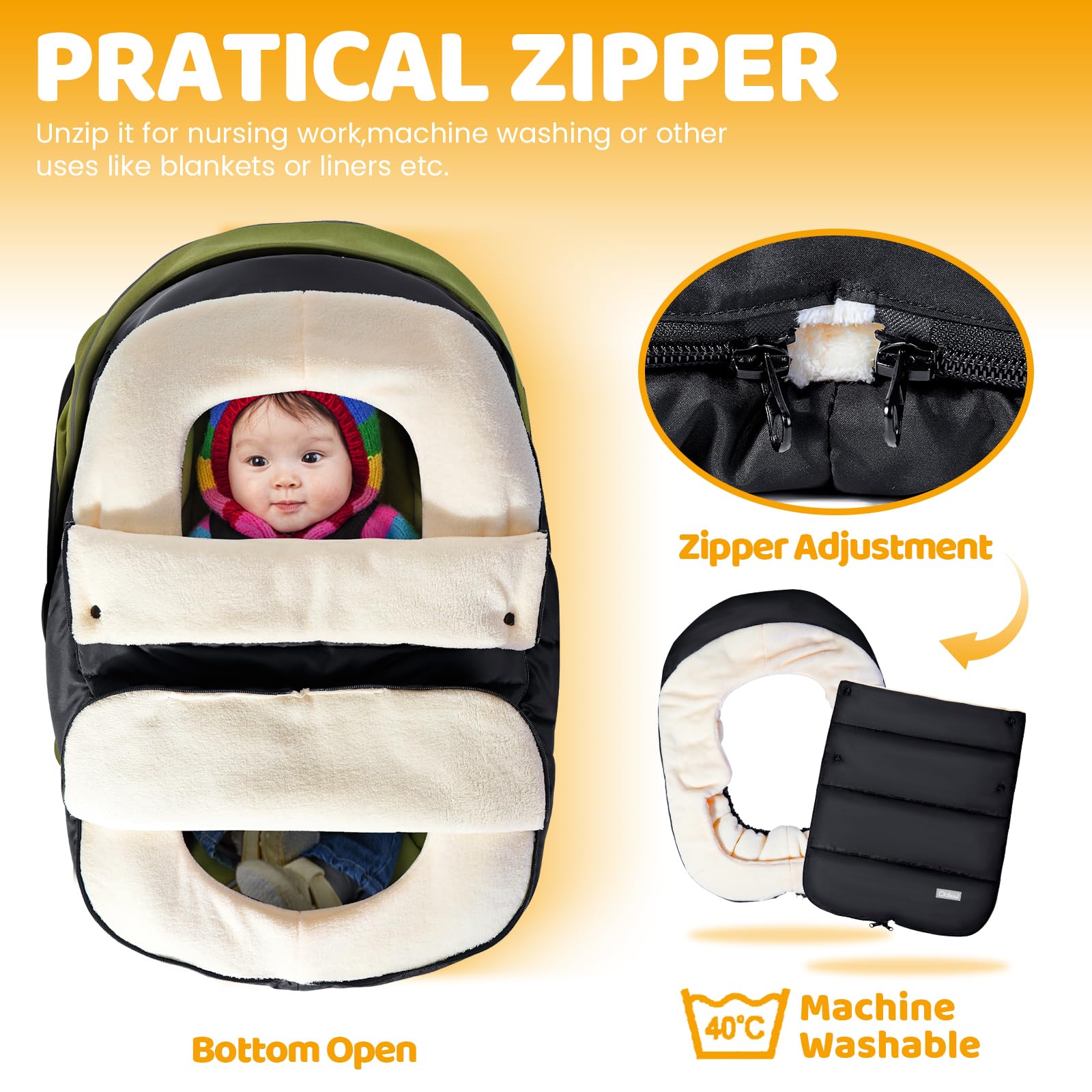 Orzbow car seat cover bottom zipper for easy access and quick changes.